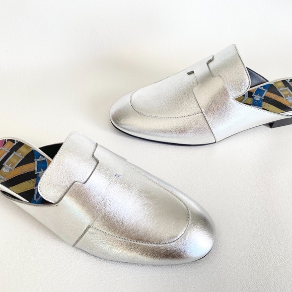 HERMES H CATENA SILVER LEATHER MULES FLIP FLOPS SHOES FLAT SLIDES 35.5 - Picture 10 of 16
